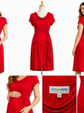 One to Nine Red Maternity Dress Draped Neck Tie Waist Size M/L Comfortable Stret
